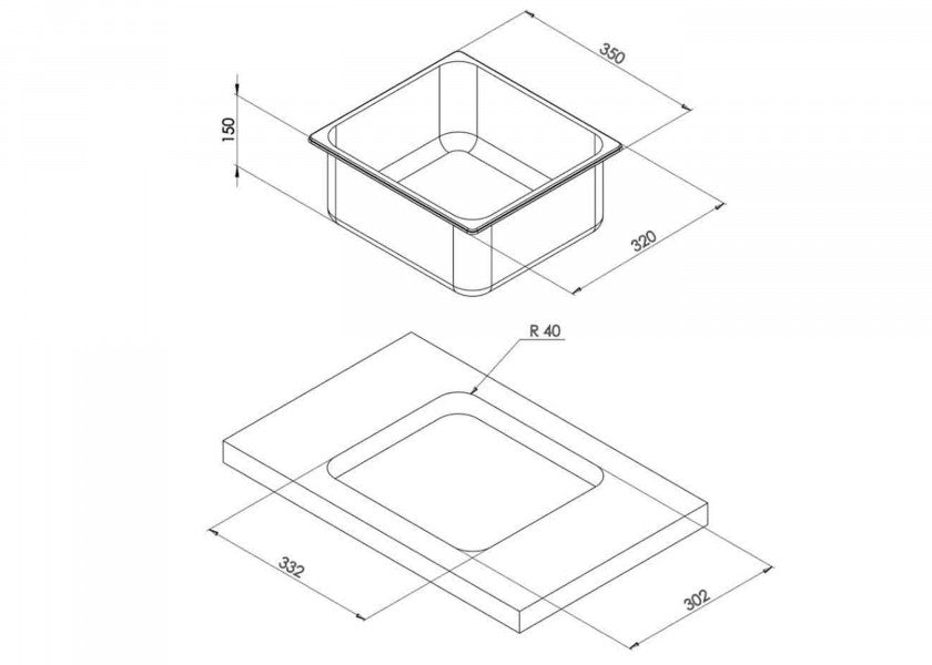 Stålvask firkantet rustfritt stål 332 x 302 x 150 mm nærbilde