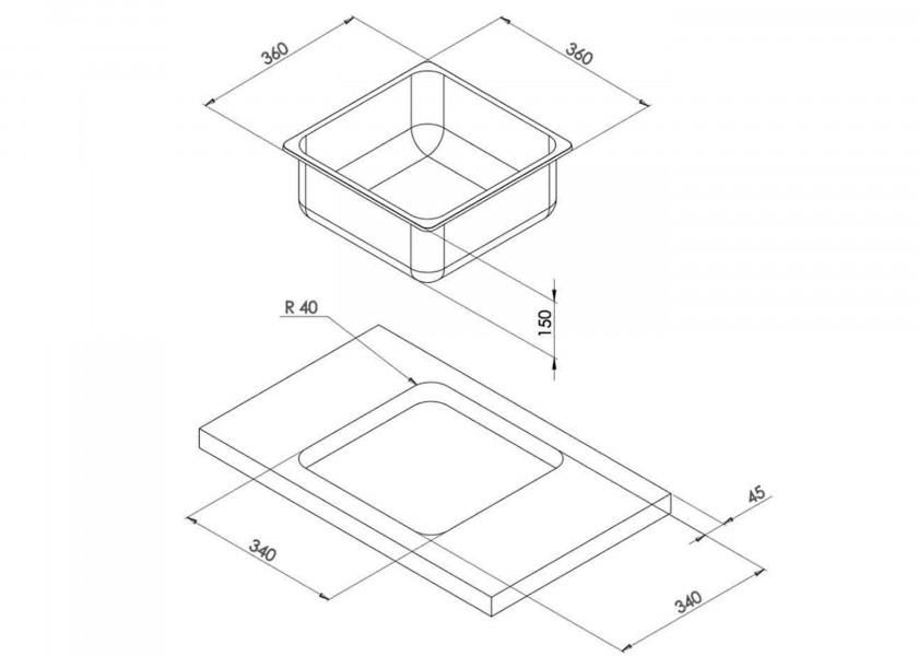 Nærbilde av stålvask firkantet rustfritt stål 360 x 360 x 150 mm
