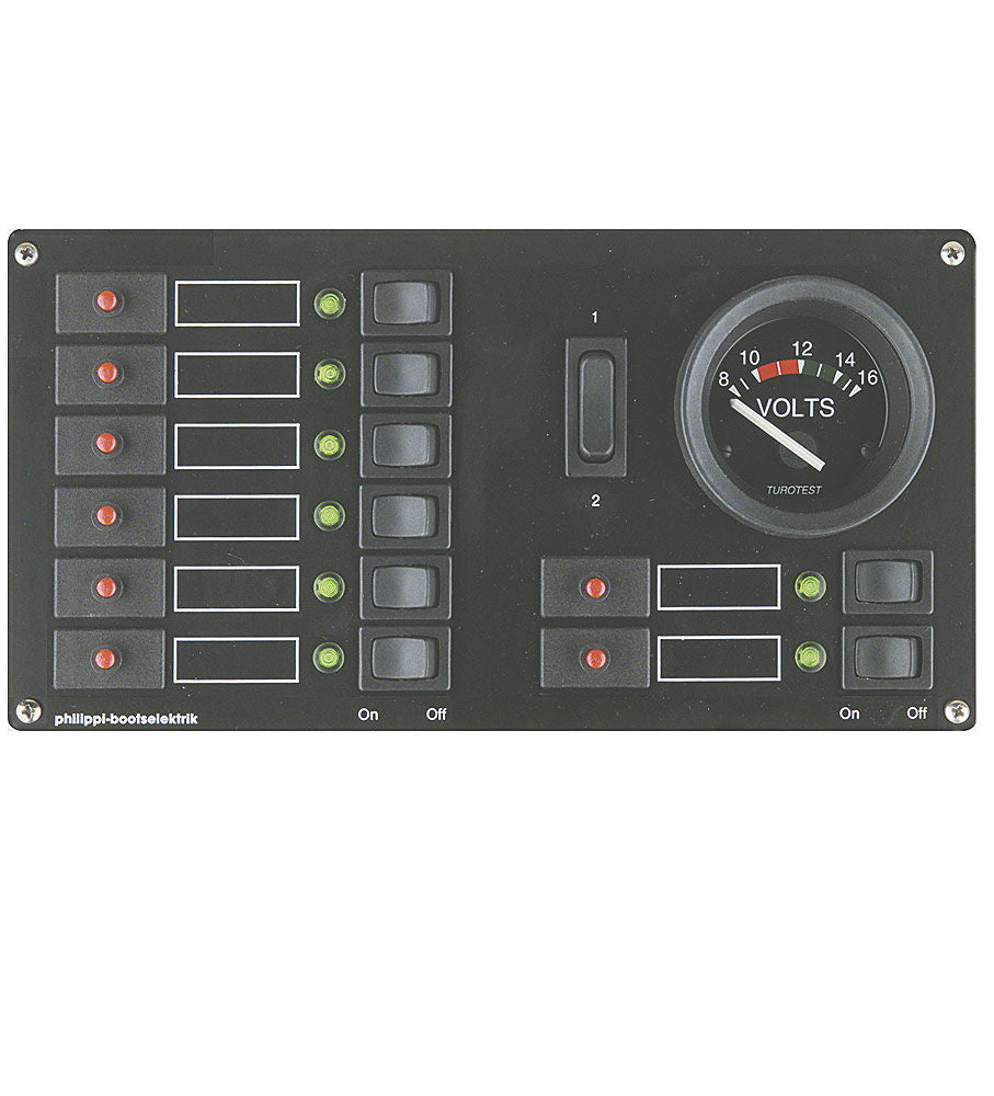 Strømfordelingspanel 12V 8 kretser med voltmeter - forfra