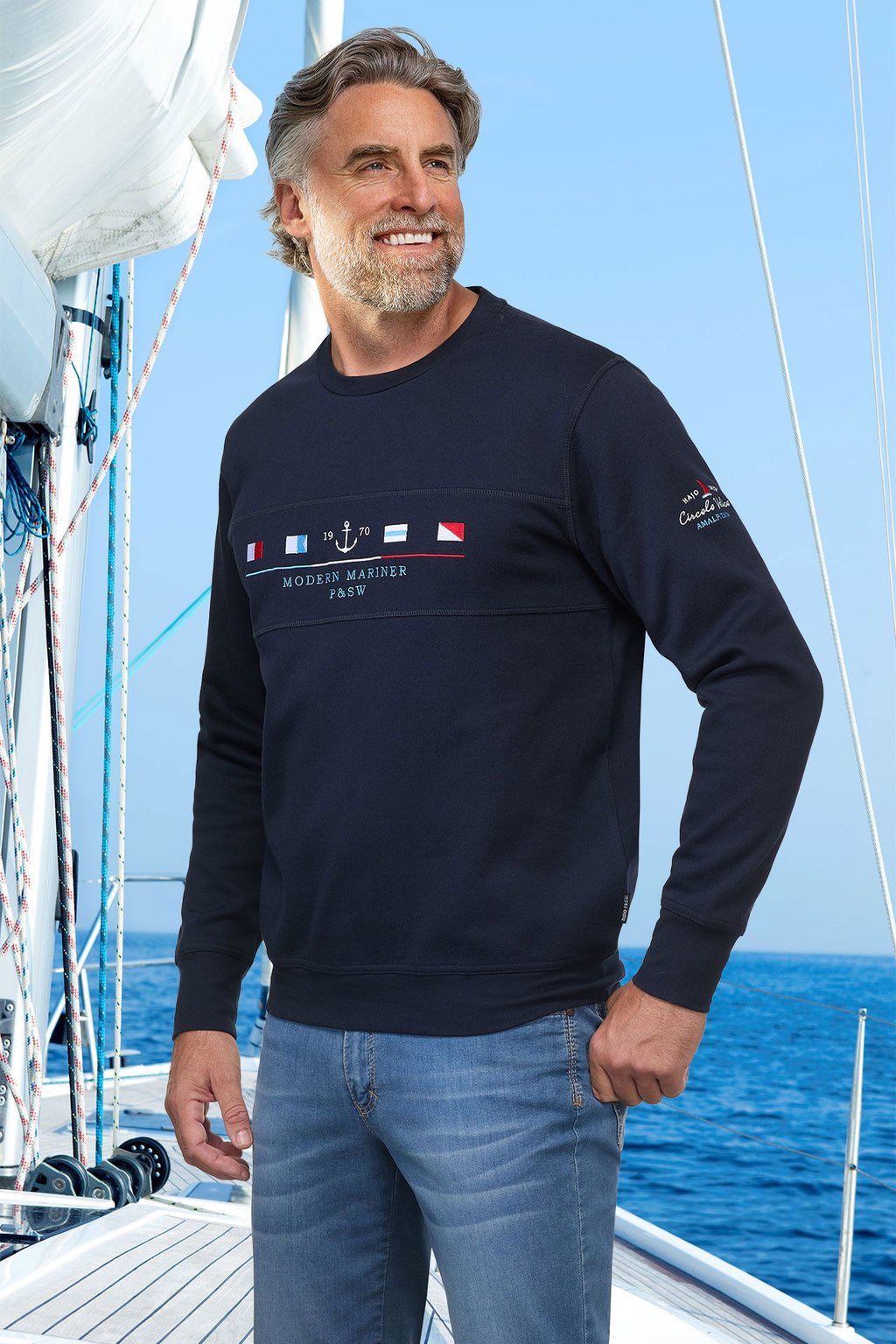 Sweatshirt StayFresh med maritim broderi piké forfra
