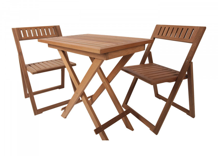 Teak klappsett med bord og to klappstoler 70x50 cm forfra