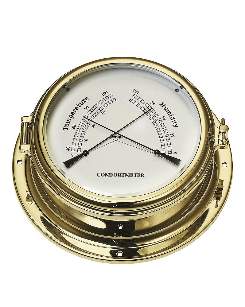 Termo- og hygrometer messing 180 mm med glass forfra