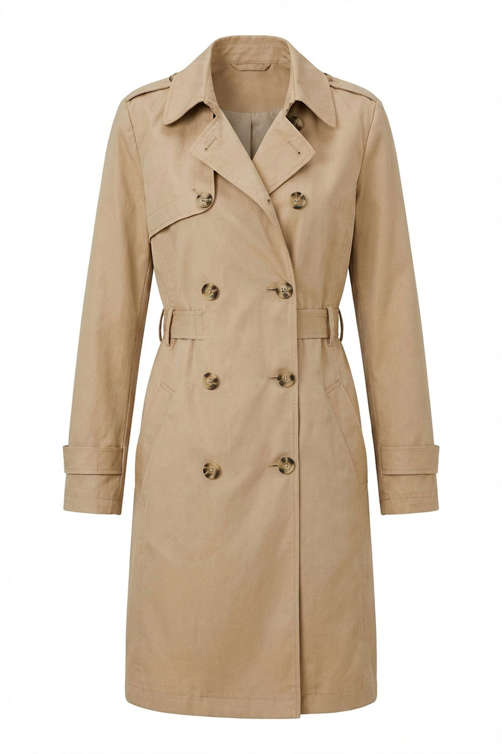 Oversikt over trenchcoat dame klassisk med belte og dobbeltknapping
