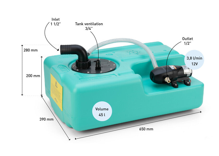 Oversikt av Vanntank 45 l med pumpe 3,8 l/min 12V CAN PLASTIC