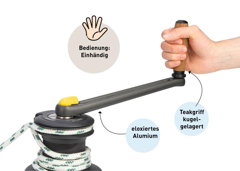 Vinsjhåndtak 255 mm aluminium med teakgrep kulelager nærbilde kulelager