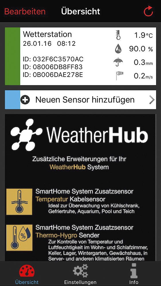 WeatherHub SmartHome værstasjon med vind, regn og temperatur bakside