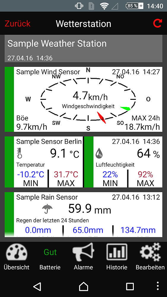Detalj av WeatherHub SmartHome værstasjon med vind, regn og temperatur sensor