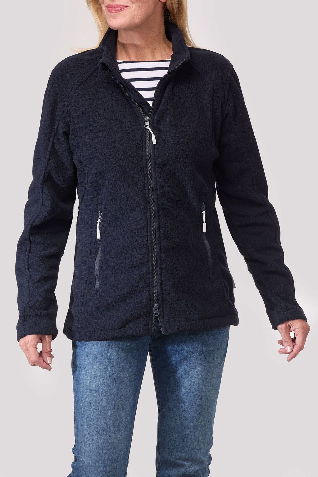Montert Windbreaker fleecejakke dame vindtett lett 2-veis glidelås Blue Wave på modell